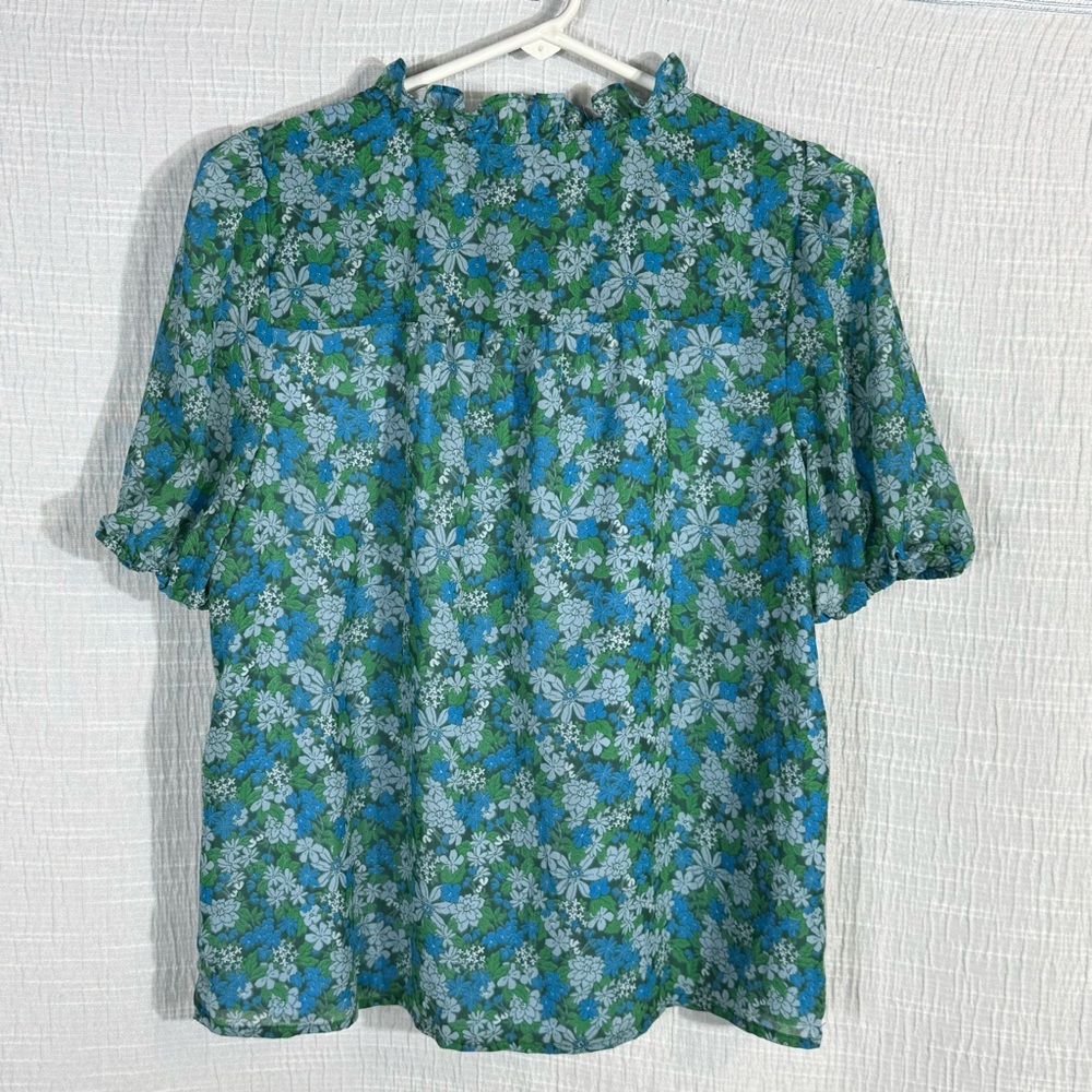 J. Crew Blue Green Floral Puff-Sleeve Blouse - Picture 4 of 10